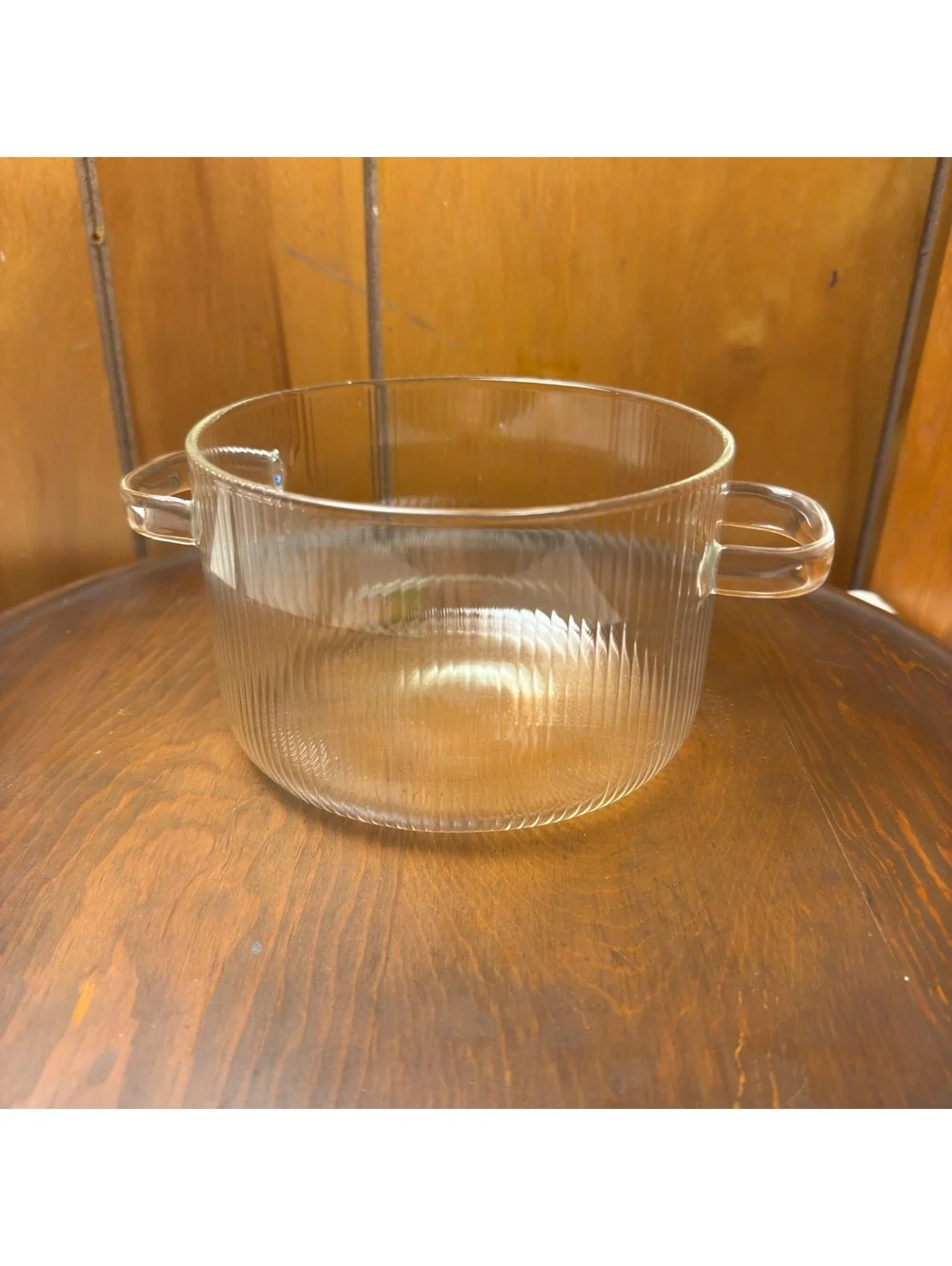 Vintage Clear Ribbed Glass Pot With Double Handles 6.5 Inch Serving Bowl